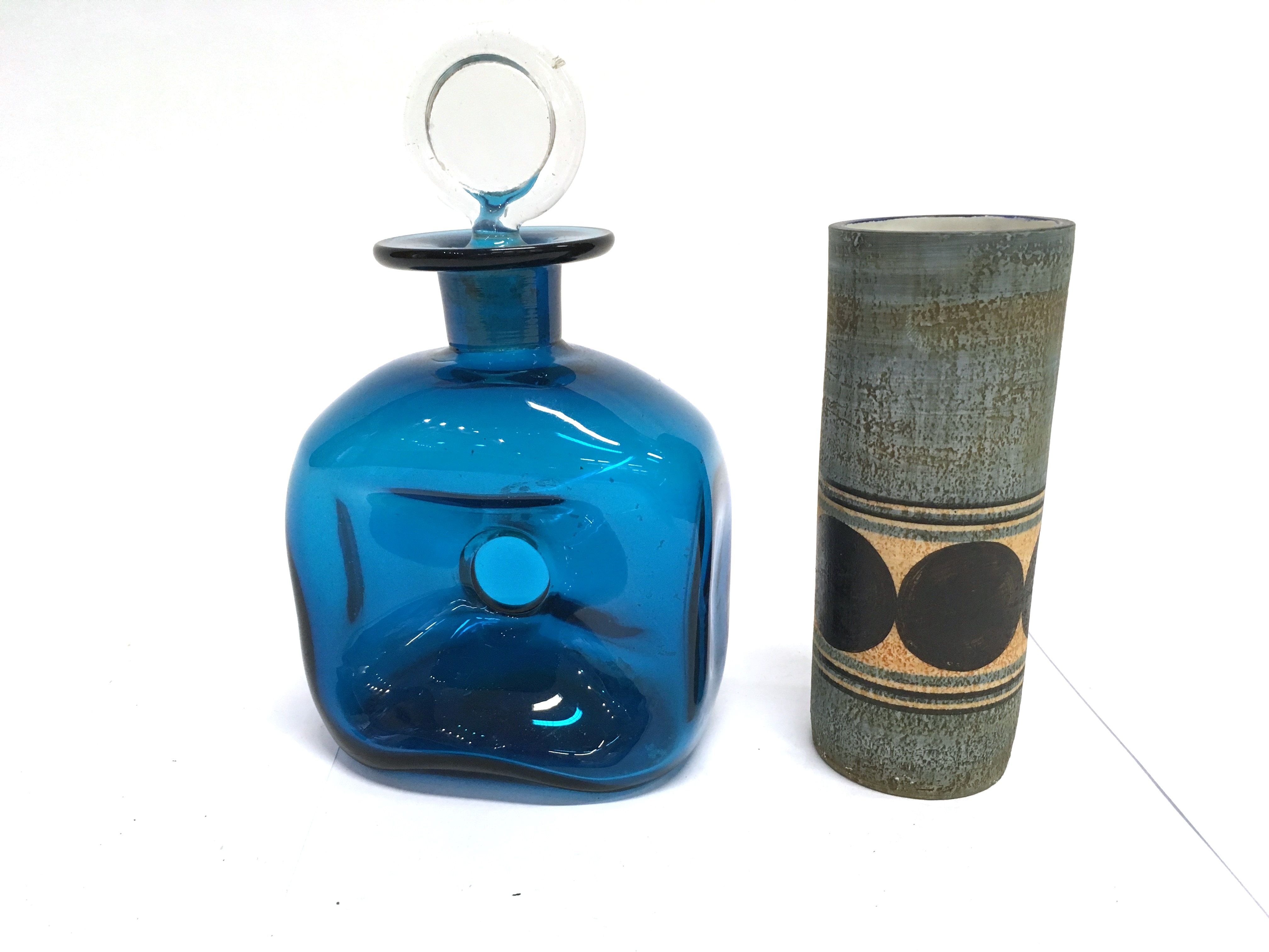 A SCANDINAVIAN BLUE GLASS DECANTER AND STOPPER probably Holmegaard, 20cm high; together with a - Image 3 of 3