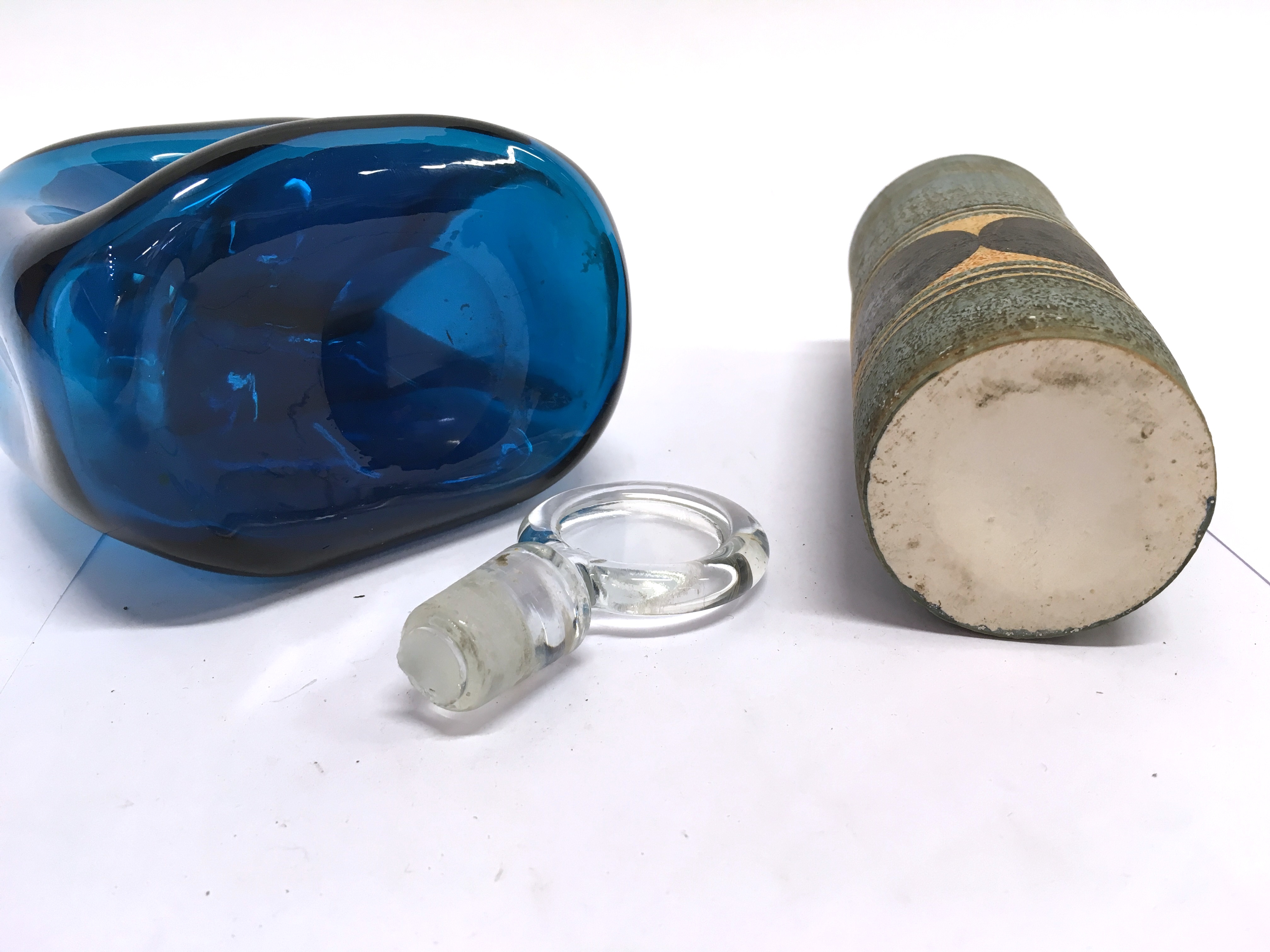 A SCANDINAVIAN BLUE GLASS DECANTER AND STOPPER probably Holmegaard, 20cm high; together with a - Image 2 of 3