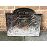 A CAST IRON FIRE BACK decorated with Royal coat of arms, 60cm wide 52cm high