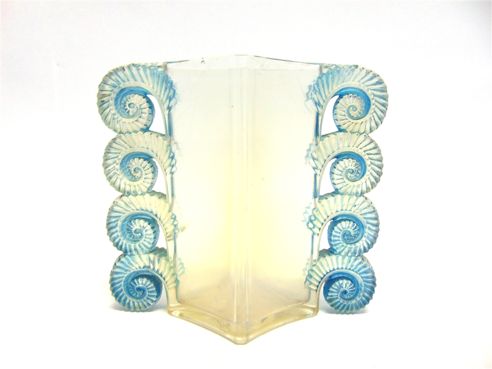 A RARE LALIQUE GLASS VASE of lozenge form, decorated in the 'Beauvais' style, wheel engraved 'R