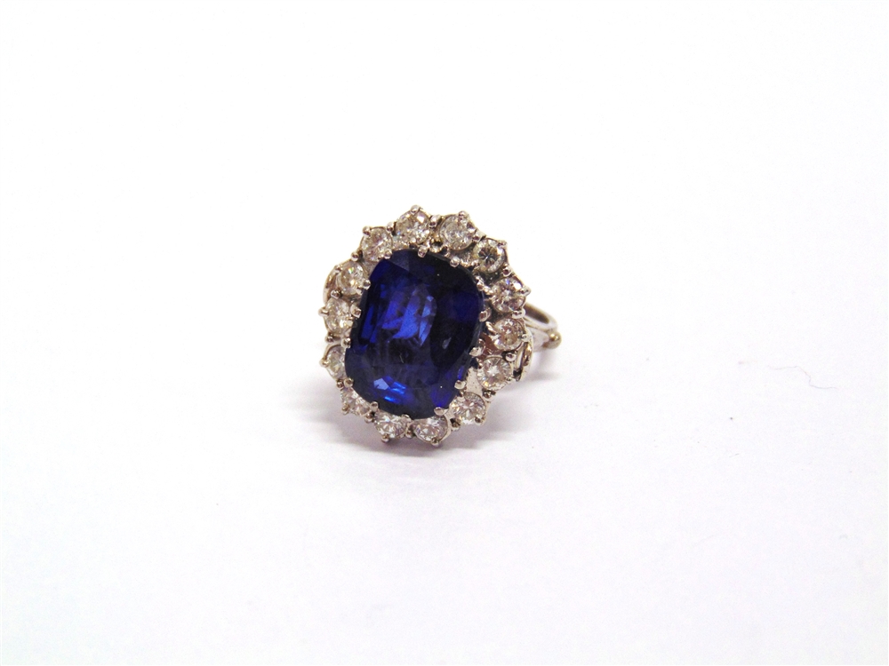 A SAPPHIRE AND DIAMOND CLUSTER RING the white mount unmarked, the rectangular cut stone, 13.6mm by