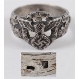 POLIZEI - WHITE METAL/SILVER SIGNET RING of multi-piece construction, bearing a pierced Police eagle