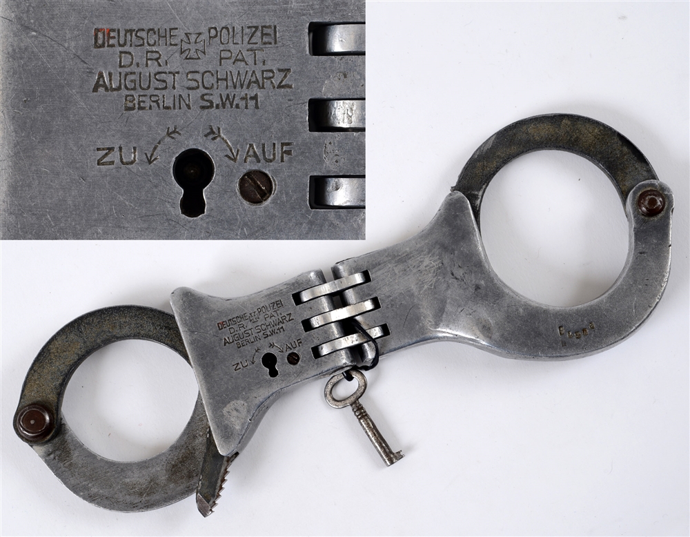 POLIZEI - ORDNUNGSPOLIZEI (ORPO) HIGH SECURITY HANDCUFFS BY AUGUST SCHWARZ OF BERLIN steel and