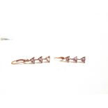 A PAIR OF THREE STONE MORGANITE DROP EARRINGS the rose gold mount stamped '9K', 2g gross