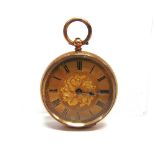 A FOB WATCH stamped '18k', with gilt metal curvette, housing a key wound bar movement with