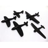 FIVE SECOND WORLD WAR AIRCRAFT RECOGNITION MODELS including two black painted wooden Tempest IIs and