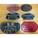 SIX ASSORTED RAILWAY ROLLING STOCK PLATES comprising a cast iron tank wagon plate, 'Owners / Shell-
