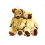 TWO TEDDY BEARS comprising a pale gold mohair plush teddy bear, with orange glass eyes and a black