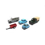 FIVE SPOT-ON DIECAST MODEL VEHICLES including a No.289, Morris Minor 1000, and two Land Rovers,