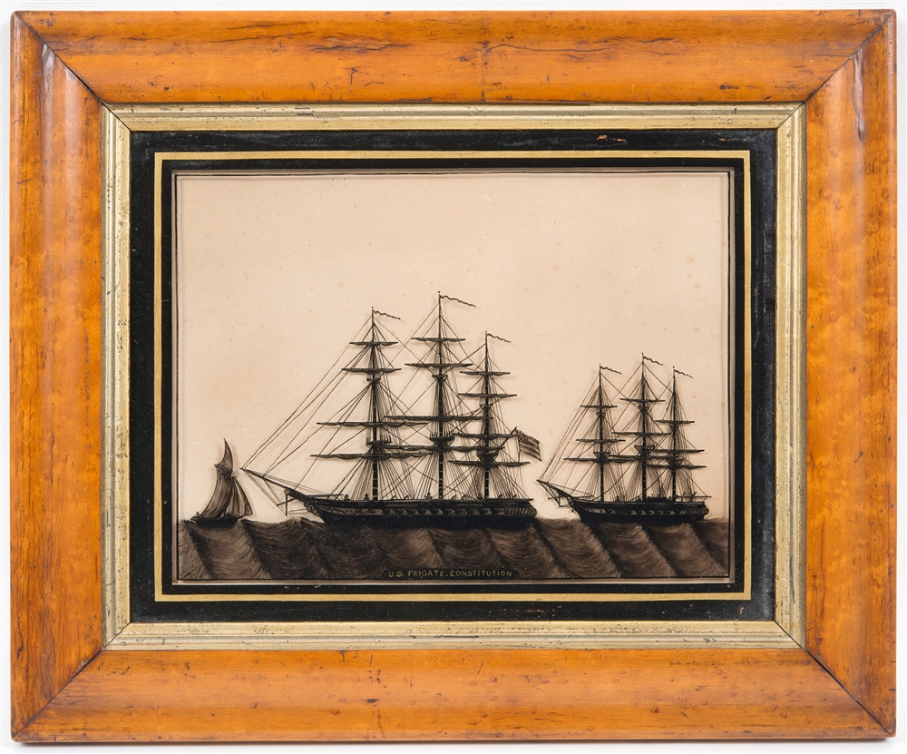 A 19TH CENTURY REVERSE GLASS SILHOUETTE PAINTING OF THE 'U.S. FRIGATE CONSTITUTION' 26cm x 34cm.