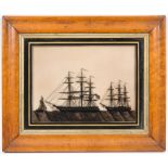 A 19TH CENTURY REVERSE GLASS SILHOUETTE PAINTING OF THE 'U.S. FRIGATE CONSTITUTION' 26cm x 34cm.