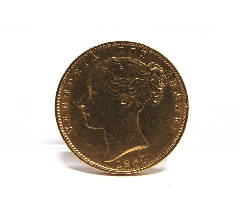 GREAT BRITAIN - VICTORIA, SOVEREIGN, 1864 young head, shield back.