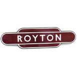 A BRITISH RAILWAYS (MIDLAND REGION) ENAMEL TOTEM SIGN 'ROYTON' fully-flanged, in good original