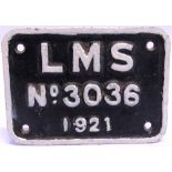 A LONDON, MIDLAND & SCOTTISH RAILWAY CAST IRON TENDER NUMBERPLATE 'L M S / No.3036 / 1921', the