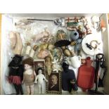 ASSORTED DOLL'S HOUSE DOLLS & ORNAMENTS together with a doll's patinated set of fire irons; two
