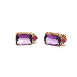 A PAIR OF 9 CARAT GOLD AMETHYST, RUBELLITE AND DIAMOND EARSTUDS with matching pendant, 8g gross