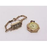 A LADY'S 9 CARAT GOLD WRISTWATCH on an expanding bracelet; with a fob watch, stamped '14c', with