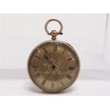 A 19TH CENTURY OPEN FACED POCKET WATCH stamped '14k', the four piece hinged case with a gilt metal