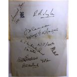 [CRICKET]. AUTOGRAPHS A sheet of notepaper, signed by the Somerset County Cricket team, 1937,