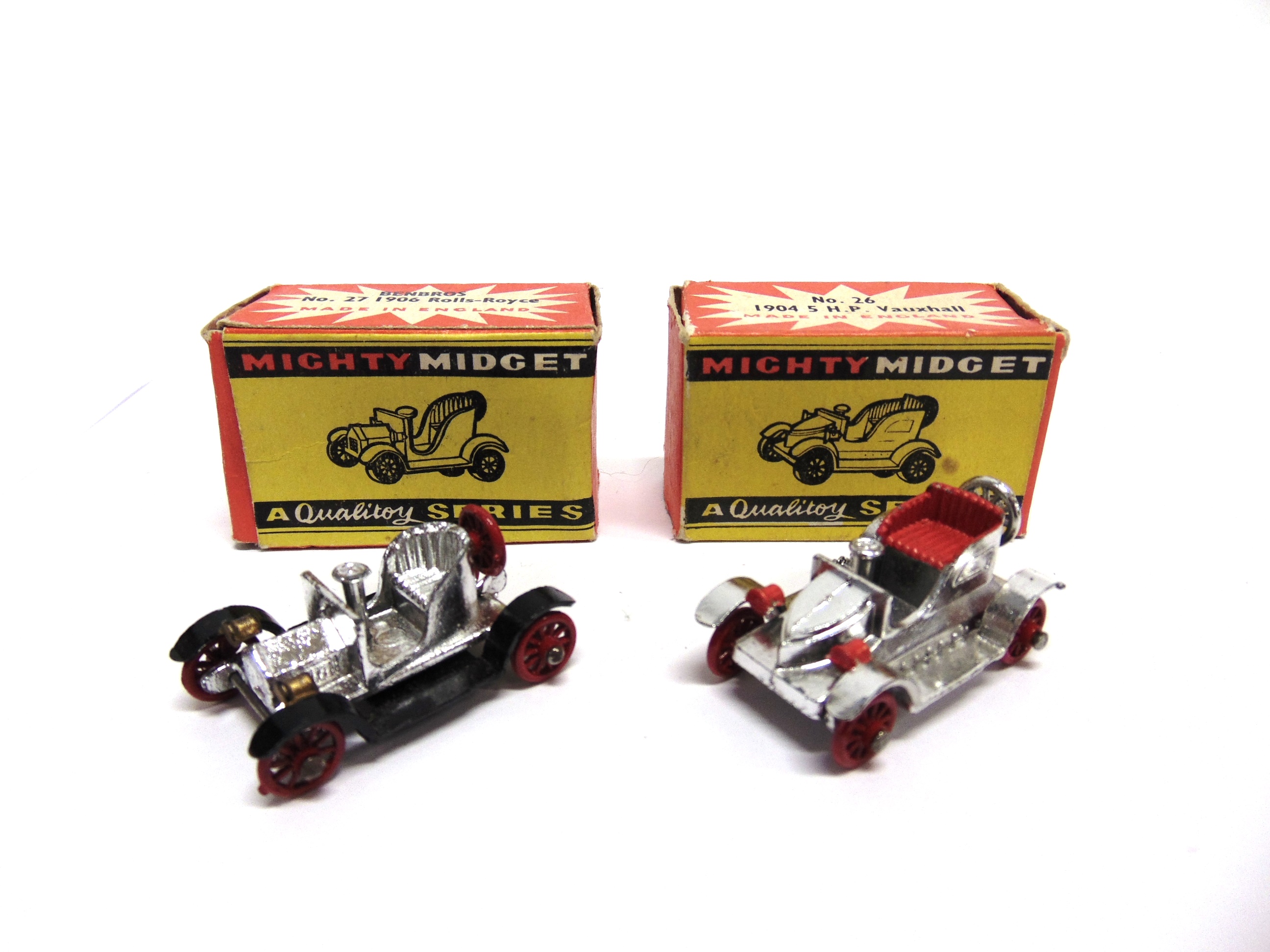 TWO BENBROS 'MIGHTY MIDGET' DIECAST MODEL CARS comprising a No.26, 1904 Vauxhall, plated finish with