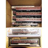 [OO GAUGE]. NINE ASSORTED COACHES comprising L.M.S. (3) and B.R. (6), all but one in lined maroon