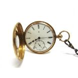 E. DOBELL, HASTINGS, AN 18 CARAT GOLD HALF HUNTER POCKET WATCH the enamel dial marked 32 over 386,