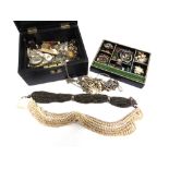 A JEWELLERY CASE CONTAINING AN ASSORTMENT OF ITEMS including paste drop earrings; other paste