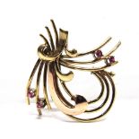 A 14 CARAT GOLD SPRAY BROOCH set with synthetic rubies, 6.7g gross