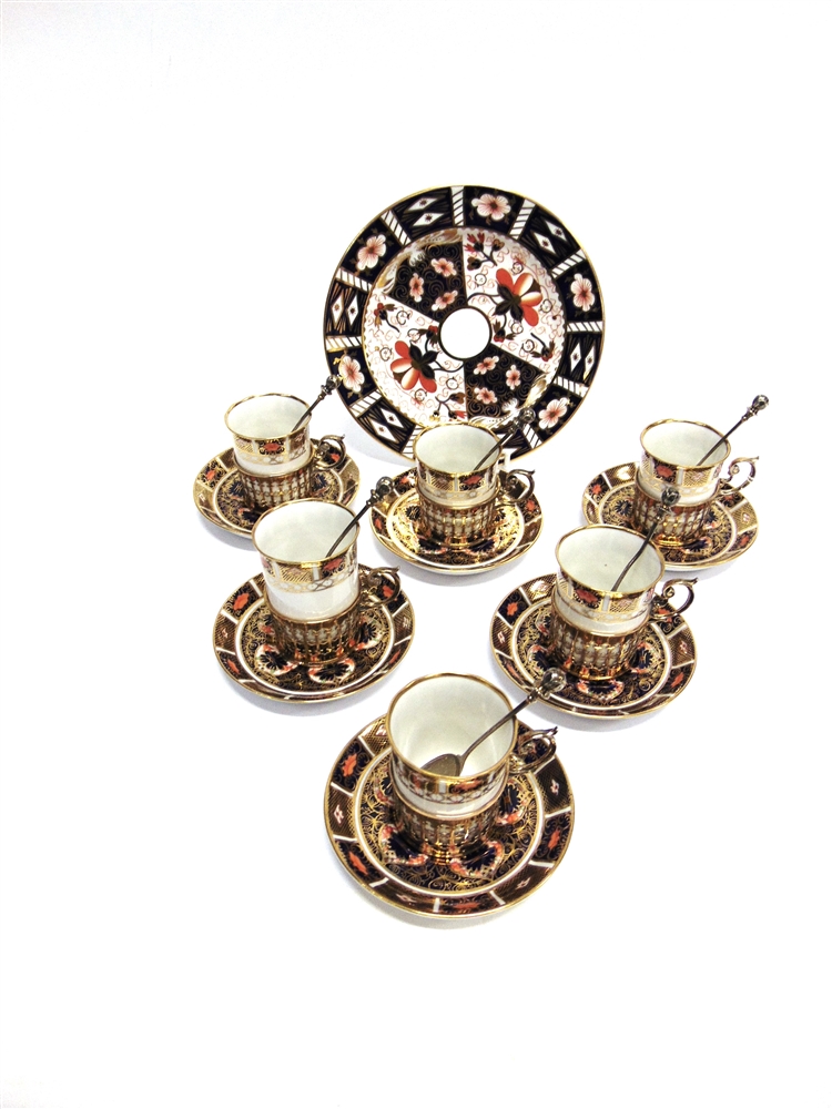 A SET OF SIX ROYAL CROWN DERBY IMARI PATTERN COFFEE CANS AND SAUCERS the cans in silver handled