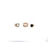 A 9 CARAT GOLD PATTERNED WEDDING RING a 9 carat gold signet ring with vacant setting; and a 9