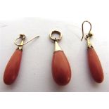 A PAIR OF CORAL PIPKIN DROP EARRINGS 2.8cm long; with a similar drop pendant, 2.8cm long