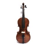 A VIOLIN the two-piece back 35.5cm long, in an ebonized wood case; together with a bow, unnamed.