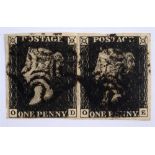 STAMPS - GREAT BRITAIN A horizontal pair of QV 1d. blacks, OD & OE, with four margins, and black