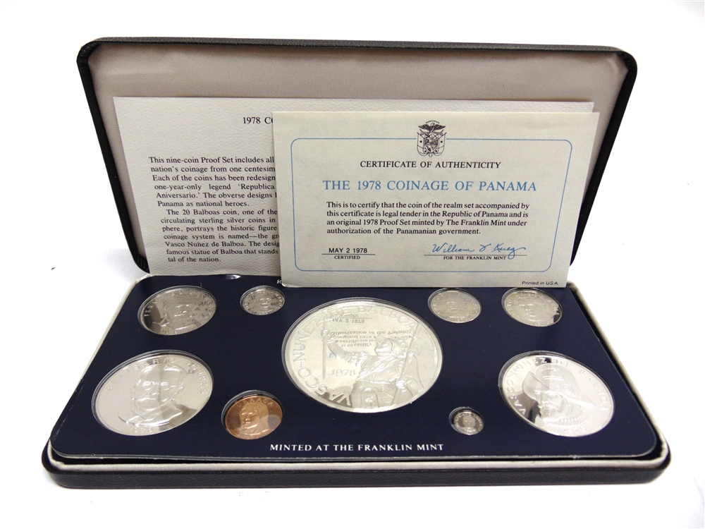 PANAMA - THE 1978 COINAGE PROOF SET 20 balboas to one centesimo, nine coins, in case of issue.