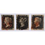 STAMPS - GREAT BRITAIN Three QV 1d. blacks, the first BD, with three (near four) margins, and a