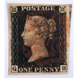 STAMPS - GREAT BRITAIN A QV 1d. black, QH, with four margins, and a red Maltese cross cancellation.