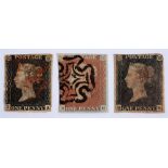 STAMPS - GREAT BRITAIN Two QV 1d. blacks, the first JA, with three (near four) margins (close