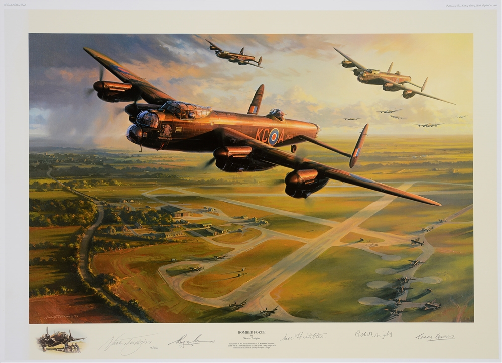 NICOLAS TRUDGIAN (BRITISH, CONTEMPORARY) 'Bomber Force'. Lancasters of 617 Squadron climb out of a