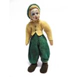 A LENCI CLOTH DOLL with blonde hair and painted facial features, wearing a green and yellow felt