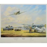 J.W. MITCHELL (BRITISH, CONTEMPORARY) 'Debut at Duxford'. The first Spitfire to enter Squadron