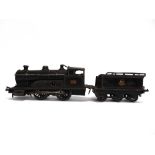 [O GAUGE]. A BING 0-4-0 TENDER LOCOMOTIVE, 3768 lined black livery (the tender with later B.R.