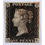 STAMPS - GREAT BRITAIN A QV 1d. black, DK, with four neat margins, and a pale red Maltese cross