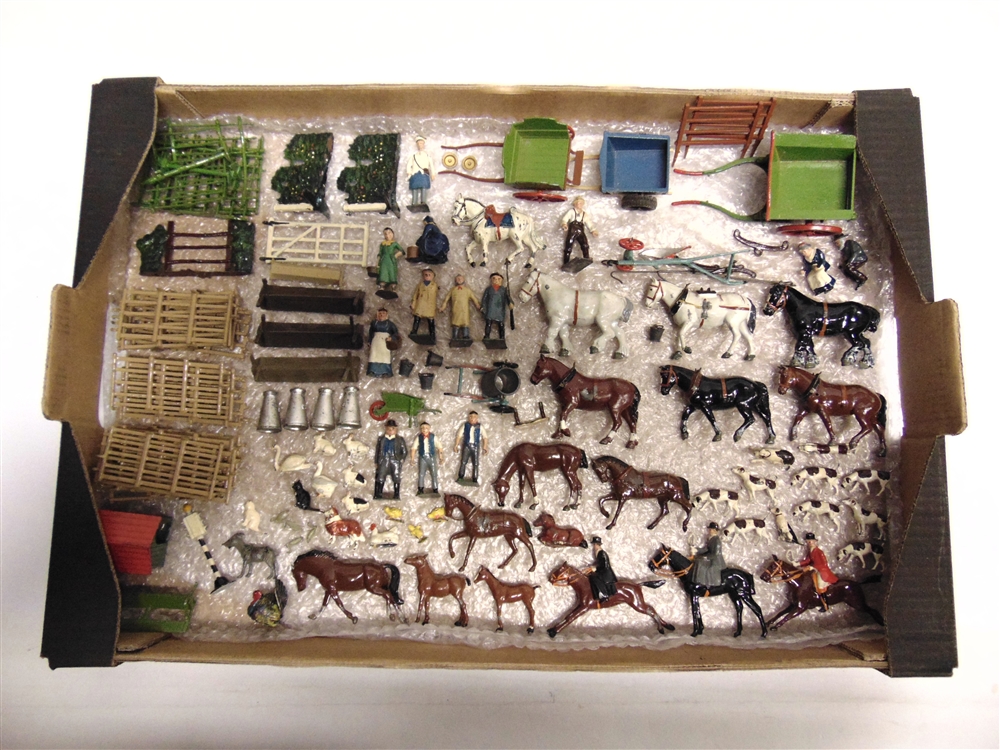ASSORTED LEAD FARM ANIMALS, FIGURES & ACCESSORIES by Britains and others, including mounted