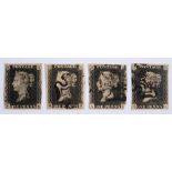 STAMPS - GREAT BRITAIN Four QV 1d. blacks, the first PK, with three (near four) margins, and a black