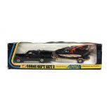 A CORGI GIFT SET NO.3, BATMOBILE & BATBOAT ON TRAILER black, the car with darker blue windscreen,