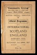 Scotland v England international programme played at Hampden Park 2nd April 1927, sellotaped spine,