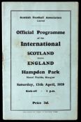 Scotland v England international programme played at Hampden Park 13th April 1929,