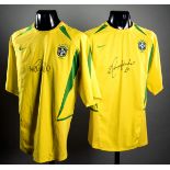 Ronaldo & Ronaldinho signed yellow Brazil 4-star replica jerseys,
