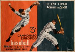 Rare and decorative official poster for the 3rd European Baseball Championship held in Rome 10th to