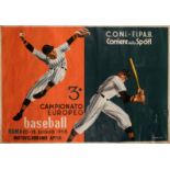 Rare and decorative official poster for the 3rd European Baseball Championship held in Rome 10th to